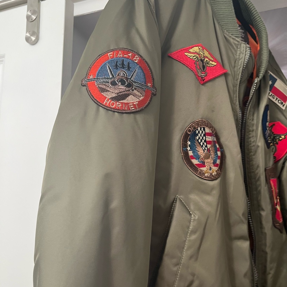 Alpha Industries Tan Bomber Jacket with Colorful Patches - Picture 4 of 5